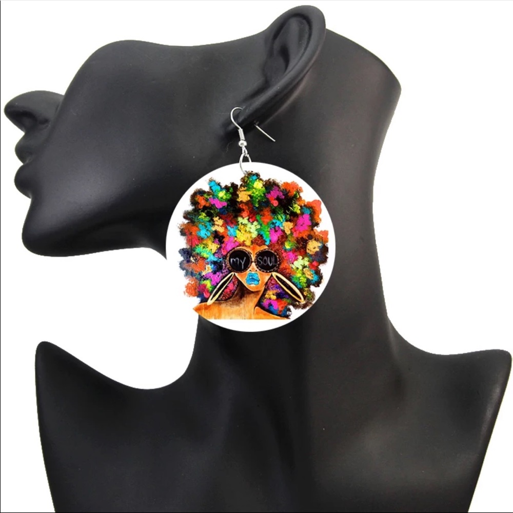 Colorful Afro Natural Hair Painted Wood Earrings - Picture 2 of 3